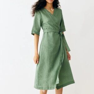 Grae Cove Kiki 100% Linen Midi Wrap Dress Green Women’s Large V Neck